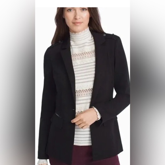 WHBM Blazer Military Blazer Black Epaulets Faux Leather Trim Ponte Crest Buttons - Picture 3 of 10